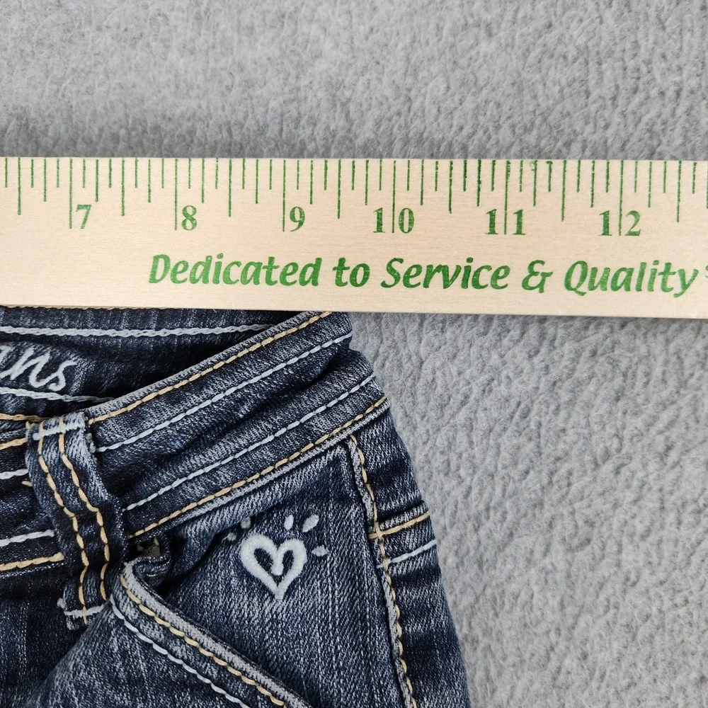 Justice Jeans Girls 8S Blue Denim Whiskering Distressed Flap Pocket Flared Leg